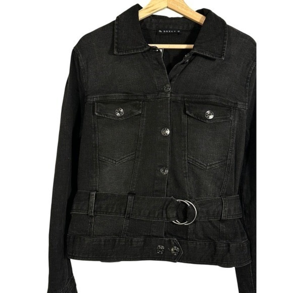 SONCY Plus Size Black Denim Biker Jacket‎ with Belt and Ring Detail Size 14/16